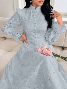Modelyn French Collar Puff Sleeve Dress - Blue - View 6