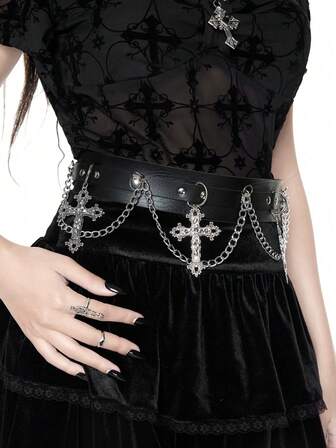 1 Stück Damengürtel & Hüftgürtel, schwarzer einlagiger Ketten-Kreuz-Dekor Goth-Stil Ketten-Taillengürtel, vielseitiges Accessoire für Kleider, Halloween