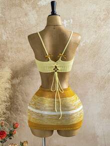 Soleia New Knitted Tie Bow Ombre Stripe Camisole & Skirt 2pcs Set For Women,Yellow,Autumn,Boho,Vacation,Holiday Sunset Color Beach Club Outfit Summer Brunch - Multicolor - View 2