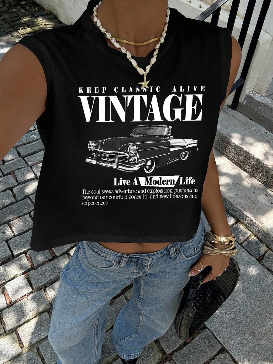 SHEIN Essnce Áo crop top cổ tròn không tay họa tiết xe hơi cổ điển dành cho nữ, phù hợp cho mùa hè - màu đen - Xem 1