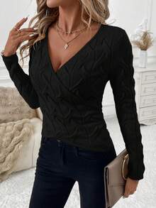 SHEIN Clasi Women's Crossover Cable-Tie Elegant Sweater In Fall/Winter,Fall,Fall Clothes For Women - Black - View 5