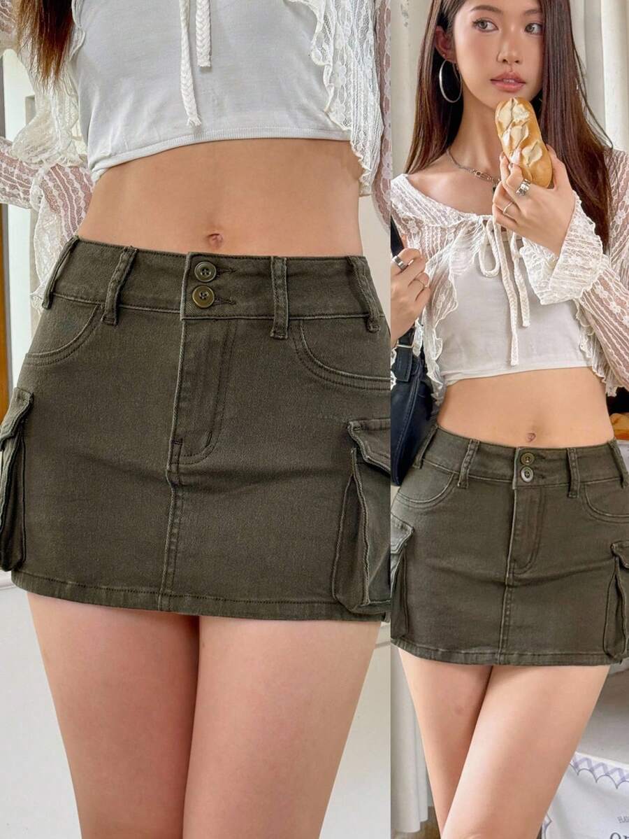 Rivivi Women's Fashion Denim Low Waist Super Short Skirt With Pockets - Dark Green - View 1