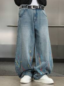 Manfinity ZONE917 Men's Loose Fashion Distressed Pocket Creative Firework Print Barrel Leg Jeans Baggy Jeans - Blue - View 5