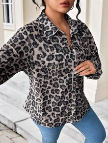 Elenzga Camisa Casual de Tecido Estampada com Estampa de Leopardo para Uso Diário, Tamanho Grande - Castanho - Visão 3