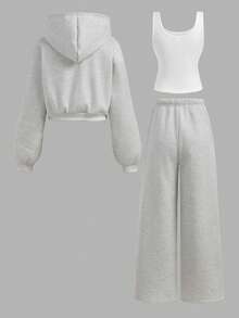 Girlism Conjunto casual de chica adolescente con sudadera con capucha de manga larga y cremallera de unicolor, top de tirantes de unicolor y pantalones de pierna ancha, otoño/invierno