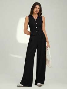 SHEIN Tall Women's Solid Color V-Neck Sleeveless Waisted Casual Suit, Summer In Fall/Winter - Black - View 5