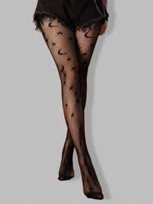 ROMWE Goth Spider Web Pattern Mesh Tights, Halloween - Dark Black - View 3