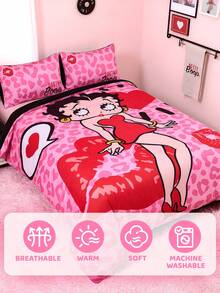 Betty Boop x SHEIN 三件套玫瑰红豹纹图案被套，抛光面料，柔软保暖，多种尺寸可选，适用于单人床/双人床/大号床/特大号床，送礼佳品，适合派对、节日、情人节等场合。 - 玫紅色 - 查看 8