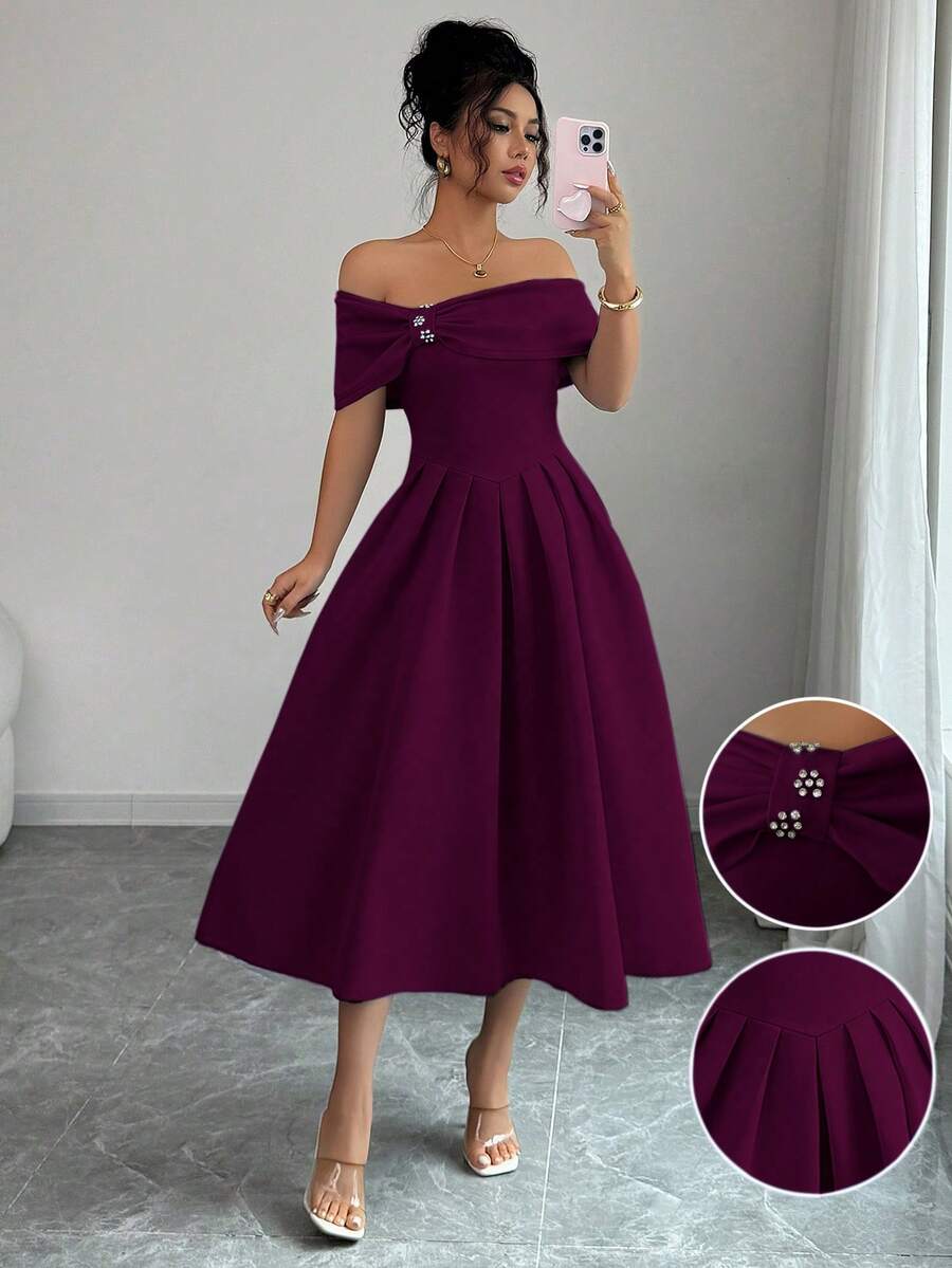 Elenzga Đầm midi xòe tay ngắn hở vai đính đá thời trang dành cho nữ - Màu tím - Xem 1