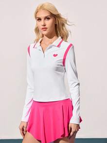 CourtClass CourtClass 女式拼色心形印花长袖 Polo 领修身休闲运动网球 Polo 衫，适合所有季节 - 白色 - 查看 7