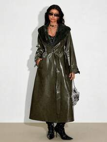 TRNVIE 1 chiếc Áo khoác trench coat cổ lông cá sấu màu xanh ô liu dài thắt lưng cổ điển dành cho nữ, mùa thu/đông - Màu xanh Ô liu - Xem 5