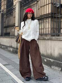 Coolane 女士休闲复古纯色阔腿裤 - 棕色 - 查看 2