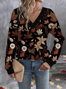 EMERY ROSE Camiseta Casual de Manga Longa com Gola Vintage Estampada com Flores, Decote em V e Camadas, Versátil para Outono/Inverno - Multicolorido - Visão 3