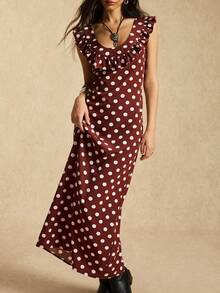 Easelle Vintage Women's Lace Trim, Polka Dot, Printed Long Dress Backless Ruffle  Long Summer Dress For Women  Party - Brown - View 8