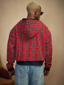 PAVTROS Manfinity Streetrush 男士街头风流行 INS 休闲格子连帽卫衣，秋冬季，街头服饰，保暖，圣诞节，男友礼物，双面拉链卫衣，长袖上衣 - 黑色 - 查看 2