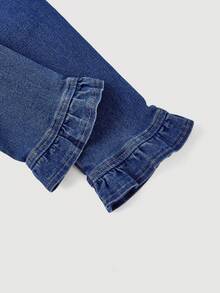 Sweetra Chaqueta de mezclilla ajustada con cuello vuelto, puños con volantes y abertura delantera, de estilo casual y elegante - Azul lavado oscuro - Ver 4