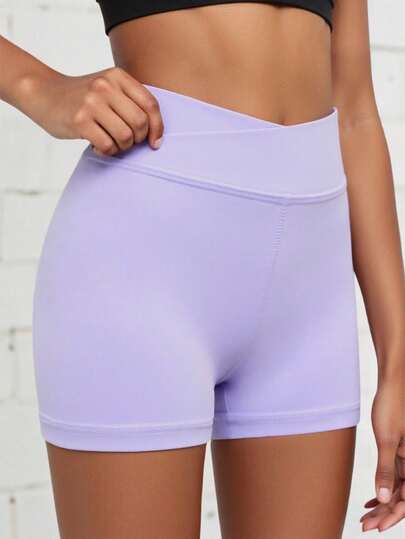 SHEIN Tween Girls Activewear Solid Color Casual Minimalist Criss-Cross Waist Shorts, High Stretch 4-Way Stretch Fabric, Suitable For Cycling, Running, Training