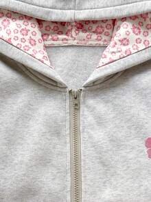 Teen Girl Sweet Cute Cherry Pattern Pink Zip-Up Jacket With Thermal Lining, Warm Sweatshirt For Autumn/Winter