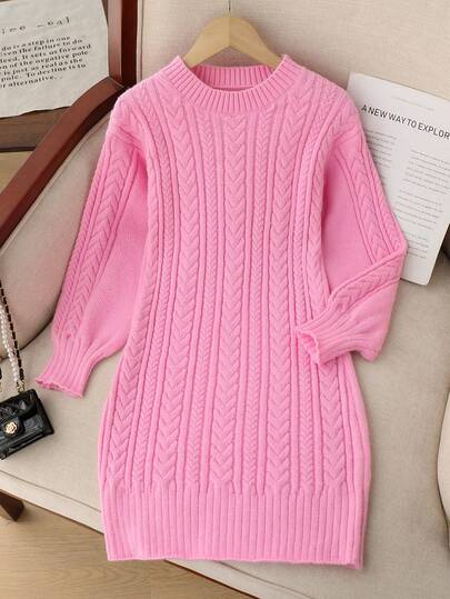 Vestido suéter de tricô texturizado para meninas pré-adolescentes, vestido túnica aconchegante com gola redonda e manga comprida, elegante e moderno para férias, outono/inverno