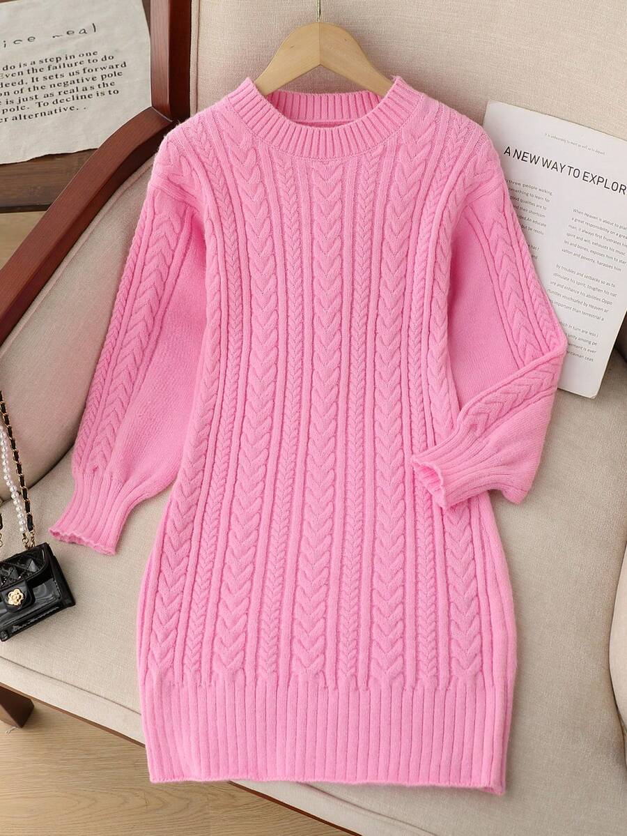 Tween Girls Textured Cable Knit Sweater Dress, Cozy Crew Neck Long Sleeve Tunic Dress, Elegant & Fashionable For Vacation, Autumn/Winter - Pink - View 1