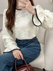FRIFUL Women's Floral Embroidered Trim Round Neck Flare Sleeve Elegant Blouse Long Sleeve Top