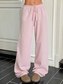 SHEIN 少女粉色休闲针织宽松长裤，适合春、夏、秋、冬四季穿着。