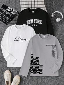 Vacaura 3 件套青少年男孩休闲字母印花圆领长袖 T 恤，适合秋冬季休闲、街头、通勤、分层穿着 - 彩色 - 查看 7