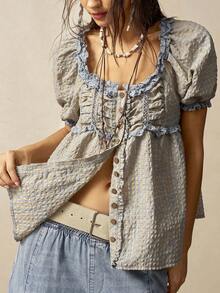 Bohemela Blusa holgada de manga corta con cuello en V, de estilo casual tejido a cuadros para mujeres - Multicolor - Ver 6