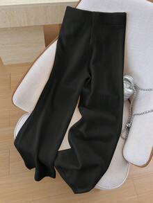 Elamini 女式休闲百搭户外白色刺绣长款系带针织毛衣裤 - 黑色 - 查看 2