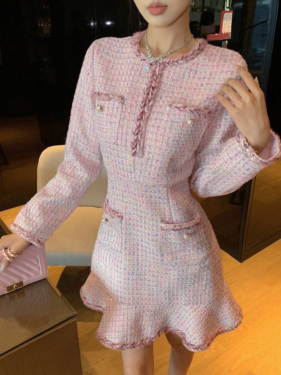 DAZY 女式时尚优雅 Y2K 粗花呢长袖中长连衣裙舞会礼服 - 粉色 - 查看 1