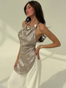 Aloruh Women's Solid Color Elegant Halter Backless Camisole - Brown - View 7