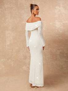 Lumalex Winter Fall Off-Shoulder Ruffle Hem Bodycon Long Sleeve Dress For Women Luxury Prom Gathering Party Banquet Modest Old Money Coquette Glitter Holiday Party Rave Festival Outing Vacation Hot Outdoor Richly Layered Wedding Season Banquet ID Al-Adha Al-Adha Party New Year Sequin Outfit Looks Of Party Gala Night Party Dress For Autumn - Apricot - View 3