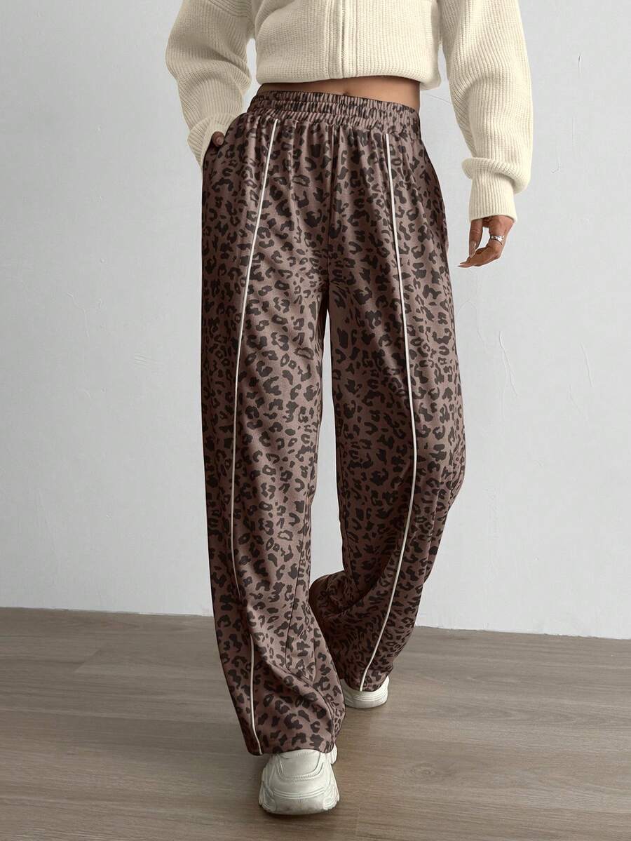 Aidyla Color Block & Leopard Print Patchwork Casual Sports Sweatpants - Mocha Brown - View 1
