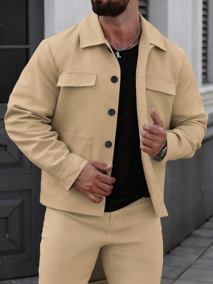 Manfinity CasualCool Veste à manches longues avec boutons devant, couleur unie, pour hommes. Idéale pour les sorties décontractées, les week-ends, les activités de plein air, les voyages, les environnements de travail décontractés ou les occasions semi-formelles. Cadeau pour petit ami/mari, cadeau d'anniversaire, Noël, printemps/automne, automne/hiver - Kaki - Voir 1