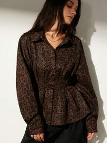 Aveloria Modichic Suede Leopard Print Stylish V-Neck Cinched Waist Shirt - Multicolor - View 8