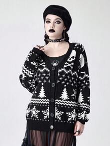 ROMWE Goth 哥特式深色圣诞树骷髅宽松针织开衫 - 黑與白 - 查看 5