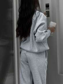 INAWLY Setelan 2 Potong Wanita Kasual Motif Ksatria, Jaket dan Celana Resleting, Musim Gugur - Grey - View 2
