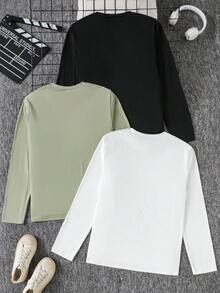 3 件套青少年男孩休闲字母印花圆领长袖 T 恤，适合秋冬季休闲、街头、通勤、分层穿着 - 彩色 - 查看 2