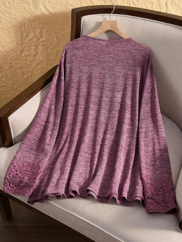 Plus Size Purple Lace Patchwork Long Sleeve T-Shirt, Casual Autumn Fall Winter Plus Size Long Sleeve Top, Country Concert Winter Cozy Fall And Winter