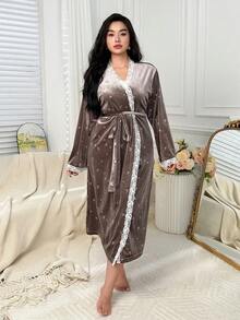Dazy Plus Plus Size Women Elegant Velvet & Contrast Lace Long Tie-Waist Robe, Thick Warm Sleepwear For Autumn/Winter