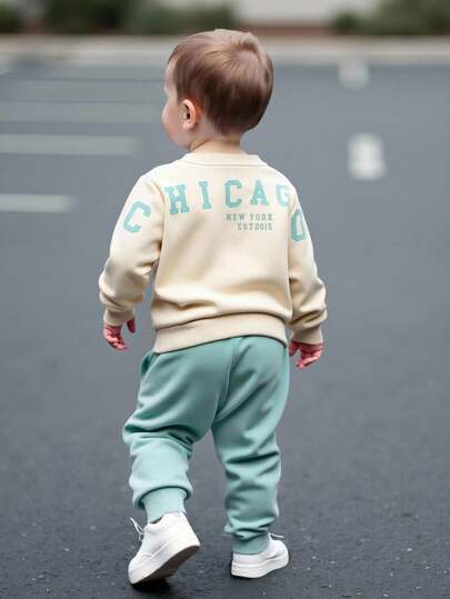 2pcs/Set Baby Boy/Girl Casual Comfortable Funny Big Letter Graphic Print Crew Neck Sweatshirt And Ribbed Cuff Pants Set, Suitable For Outings, Daily Gatherings, Autumn/Winter Fall