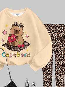 SHEIN 2 件套青少年女孩休闲可爱卡通水豚、蝴蝶结、复古豹纹卫衣和紧身裤套装，街头风，秋冬舒适，适合休闲、学校、户外、家居 - 彩色 - 查看 4