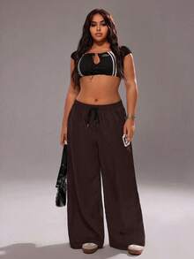 Rustia Damen Große Größen Hose mit Kordelzug in der Taille, lässiger Streetstyle, einfarbig, mit Metallschnalle und Schlitz an der Seite