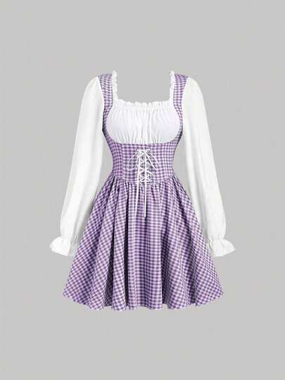 Sweetra Vestido de manga corta con cintura ceñida a cuadros azules y blancos