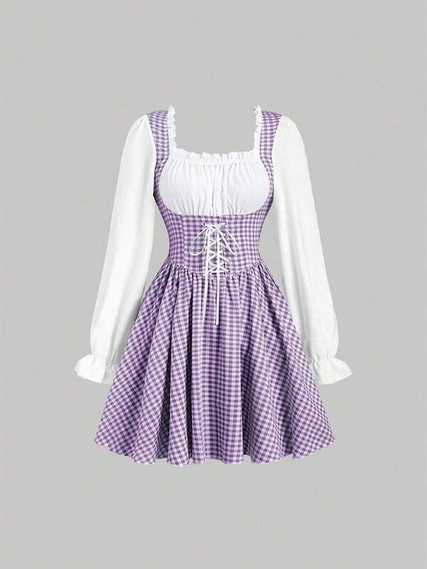 Sweetra Vestido de manga corta con cintura ceñida a cuadros azules y blancos