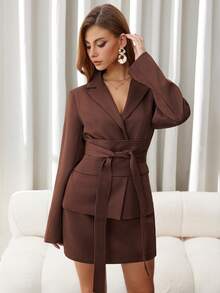 Chiquease Costum elegant pentru femei, culoare solidă, cu rever, mânecă lungă, cu nod în talie, sacou și fustă midi, toamnă - Maro - Vizualizare 8