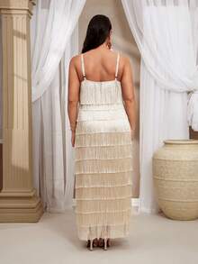 VOLUPTÉ CURVE Plus Size Spring Summer Ivory Fringe Fabric Square Neck Sleeveless Cami Slim Layered Fringe Midi Flared Retro Party Dress For Birthday Party, Dinner, Holiday Party, Date Night And Vacation - Apricot - View 4