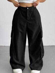 SHEIN Tall CURVE Plus Size Solid Color Casual Pants - Black - View 1