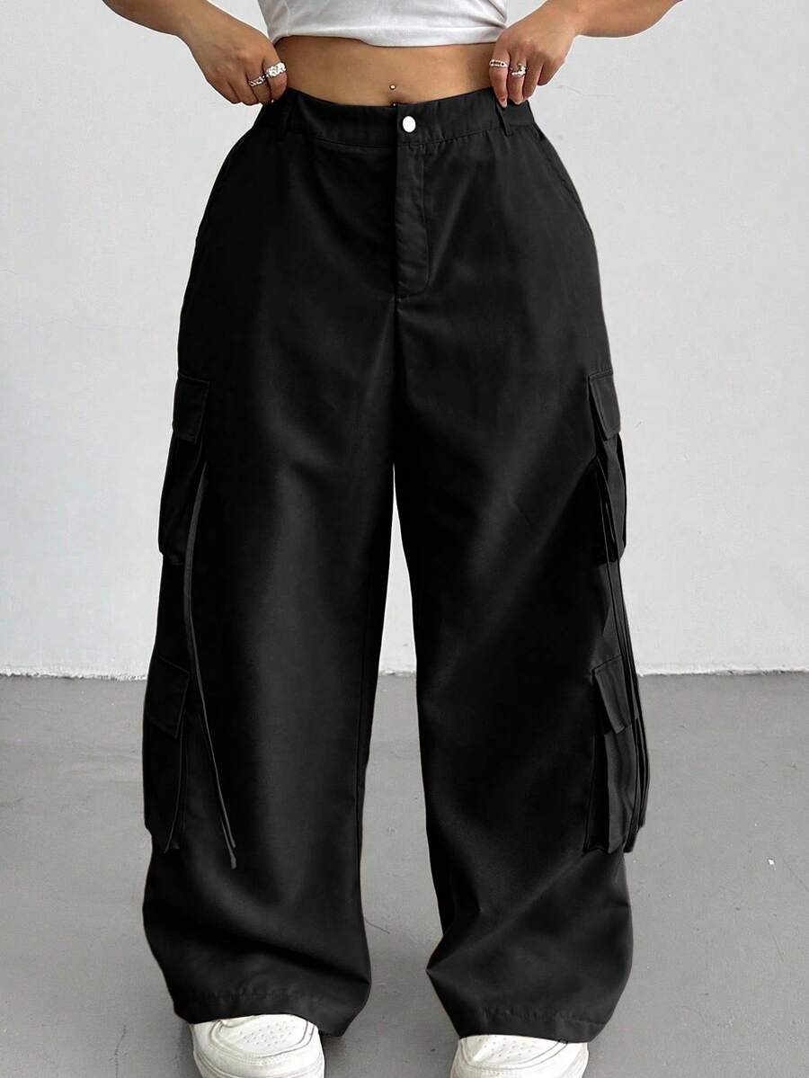 SHEIN Tall CURVE Plus Size Solid Color Casual Pants - Black - View 1