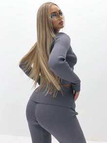 BABYPHAT Pantaloni a zampa con costine e dettagli con bottoni, vita alta, pantaloni larghi da relax - Grigio Scuro - Visualizzare 8